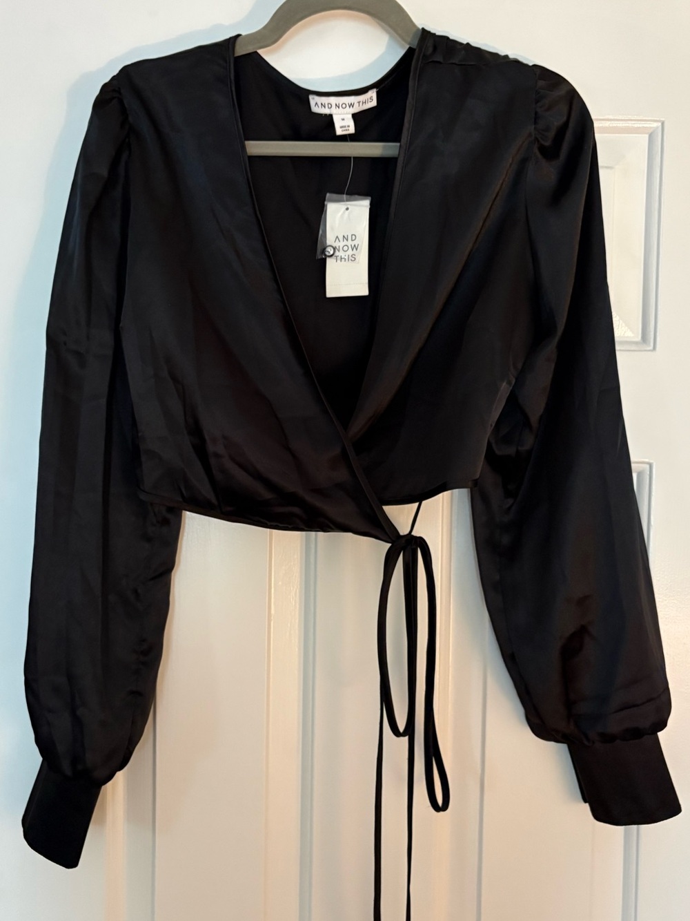 AND NOW THIS Black Satin Wrap Tie Crop Blouse